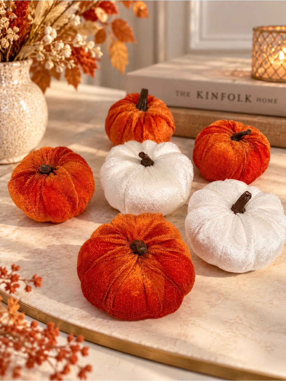 Festive Velvet Mini Pumpkins - Orange & White Holiday Table Decor